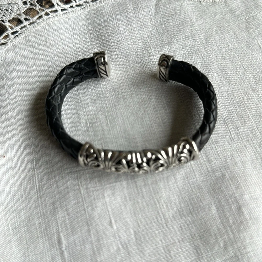 Vintage Sterling silver w/ leather cuff bracelet Joseph Esposito - Picture 7 of 7